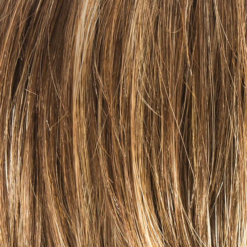 Ellen Wille Satin Soft in Bernstein, three-quarter view showing the warm golden tone on the short feathered synthetic wig.