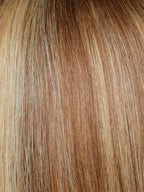 Gisela Mayer Sympathy HH Mono Lace Small Deluxe in 14-26L-12 blonde, three-quarter angle showing volume, shine and the small cap construction.