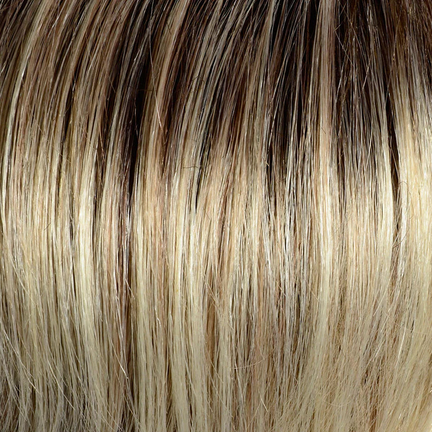 Sun Vega in Champagne Rooted by Gisela Mayer, profile view displaying the light champagne shade on the short sporty synthetic wig.