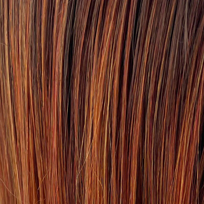 Gisela Mayer Hi Beso in Hot Flame Balayage, front view displaying the bold auburn tones on the long heat-resistant Next Generation wig.