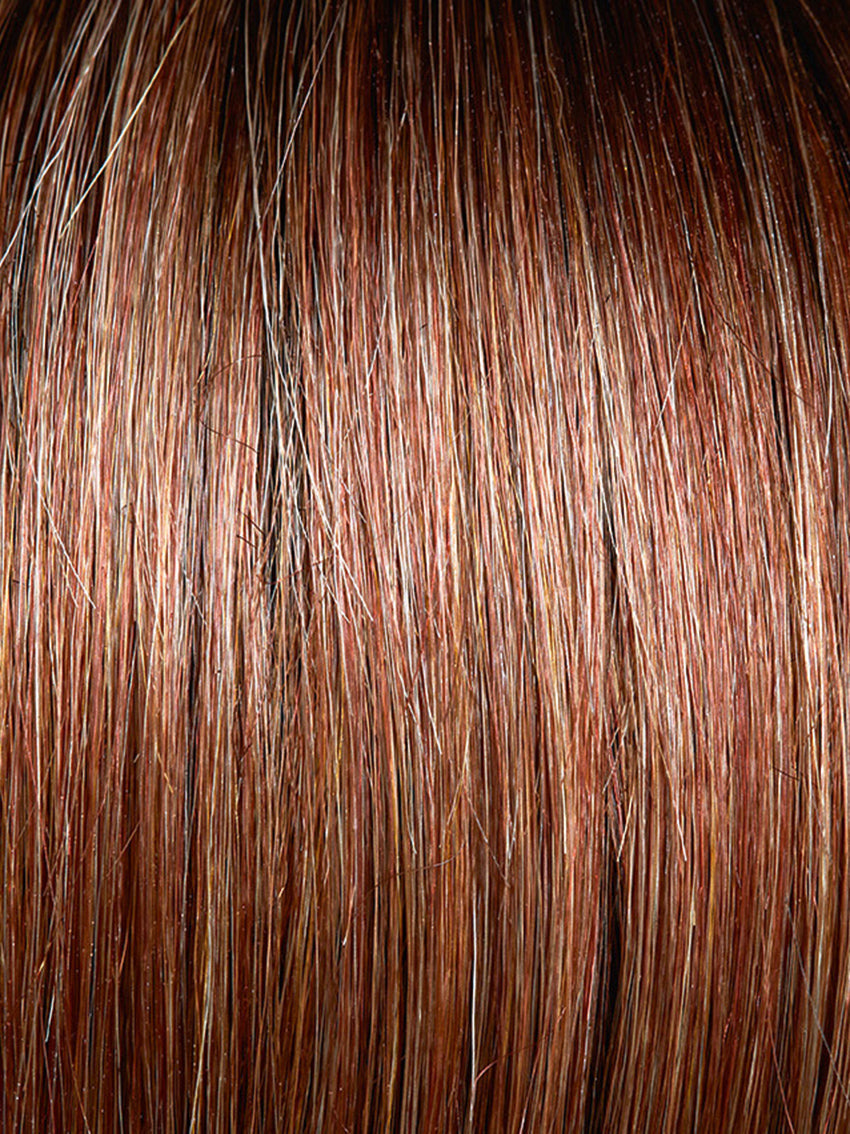 Magic Clic Deluxe in Terracotta Gold Rooted by Gisela Mayer, three-quarter angle showing the vibrant warm tones on the structured short wig.