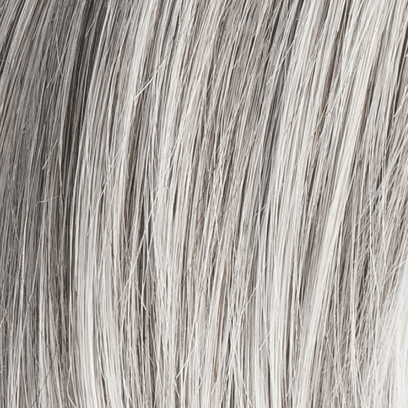 Satin Soft in Dark Snow by Ellen Wille, side view showing the modern dark grey-blonde on the short feathered wig.