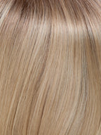 Euro Mora by Gisela Mayer in Champagne Rooted, profile view showing the soft champagne blonde on the long natural hair wig.