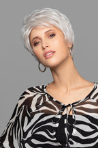 Duo Olivia wig by Gisela Mayer, side view showing the short structured style with delicate fringe and semi-natural blend.