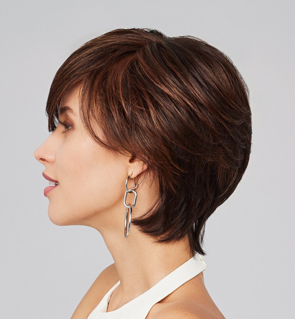 Duo Athens Deluxe wig by Gisela Mayer, side view showing the short semi-natural style and Remy/synthetic fiber blend.