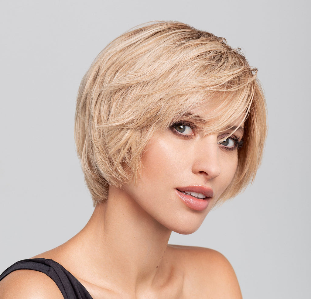 HH Remy Liza wig by Gisela Mayer, side view showing the short natural Remy hair cut and lace front construction.