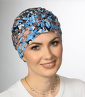 Dona Bleu Floral soft bonnet by Lidia Création in blue floral print - comfortable hat for alopecia