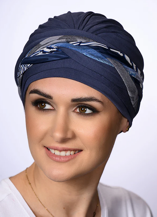 Ariel Aurora Bleu Bohème bonnet by Lidia Création with bohemian blue print - soft hat for alopecia