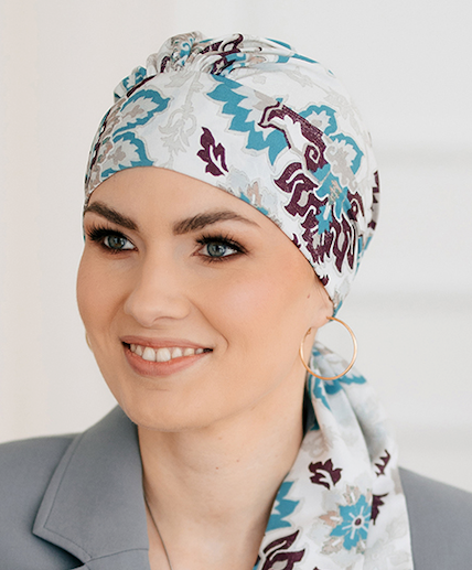 Miriam Douceur soft draped bonnet by Lidia Création in pastel tones - gentle head covering for hair loss