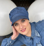Casquette Gavroche Bleu Denim by MM Paris worn on model - denim blue newsboy cap for hair loss