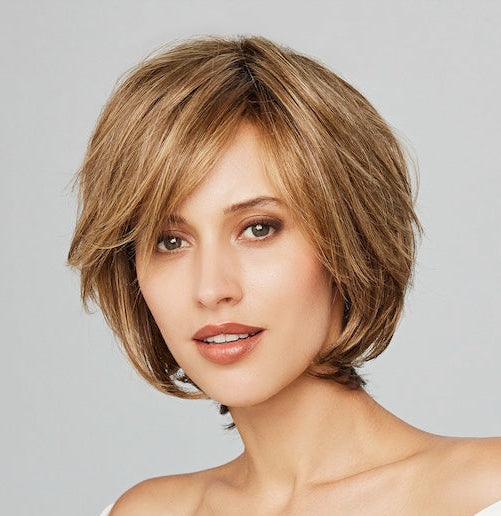 Duo Whitney wig by Gisela Mayer, lifestyle view showing the short semi-natural style and Remy/synthetic fiber blend.