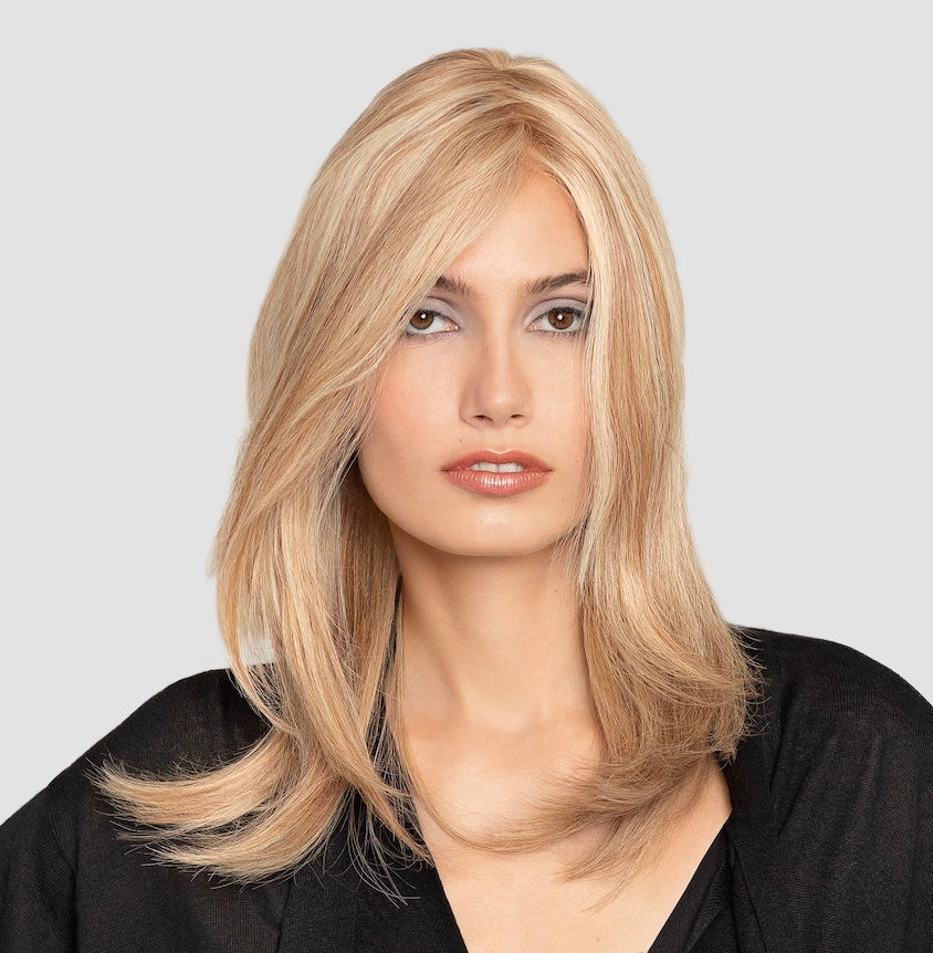 Glamour HH Small wig by Gisela Mayer, side view showing the long 100% Remy hair and flat top construction for small cap sizes.