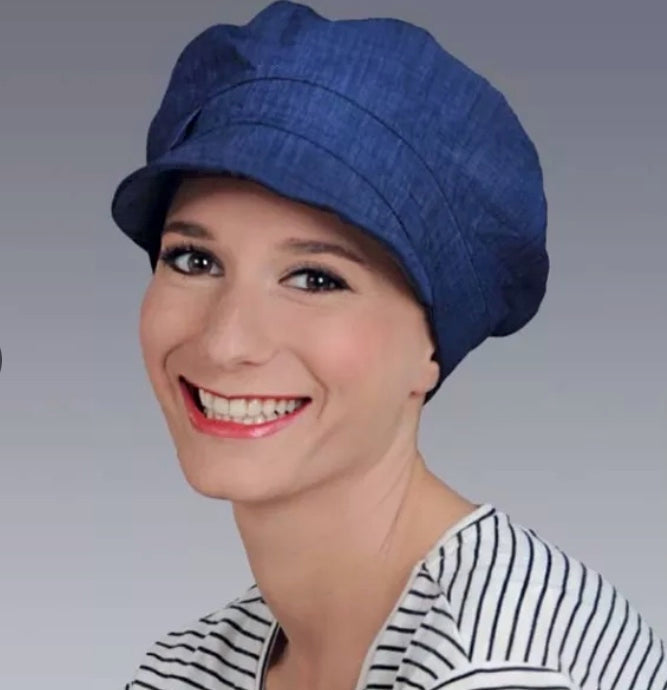 MM Paris Gavroche cap in blue denim side view - stylish head covering for alopecia or chemotherapy