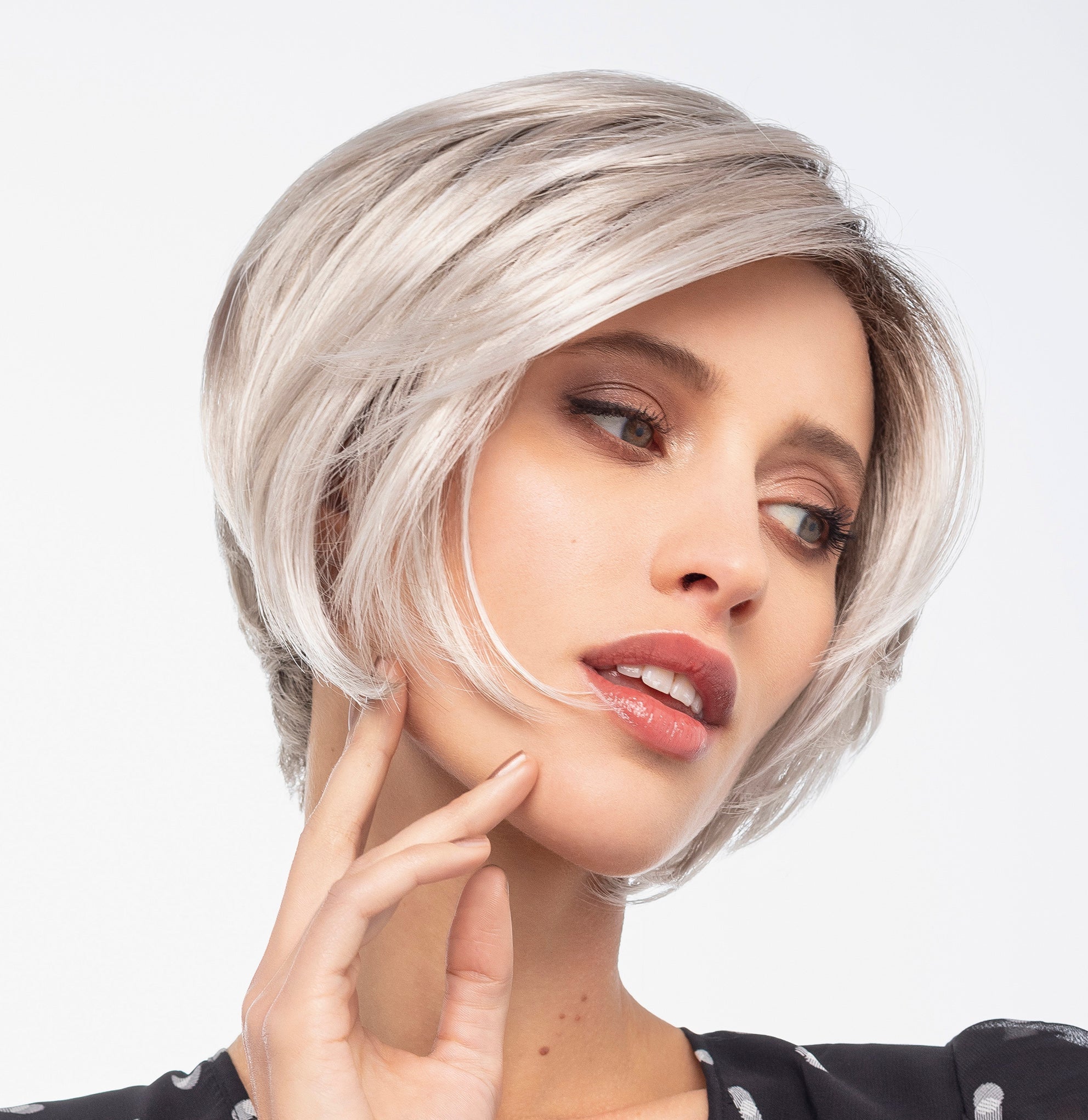 Top Part Cover hair topper by Gisela Mayer worn on model - angled bob synthetic clip-on volumizer