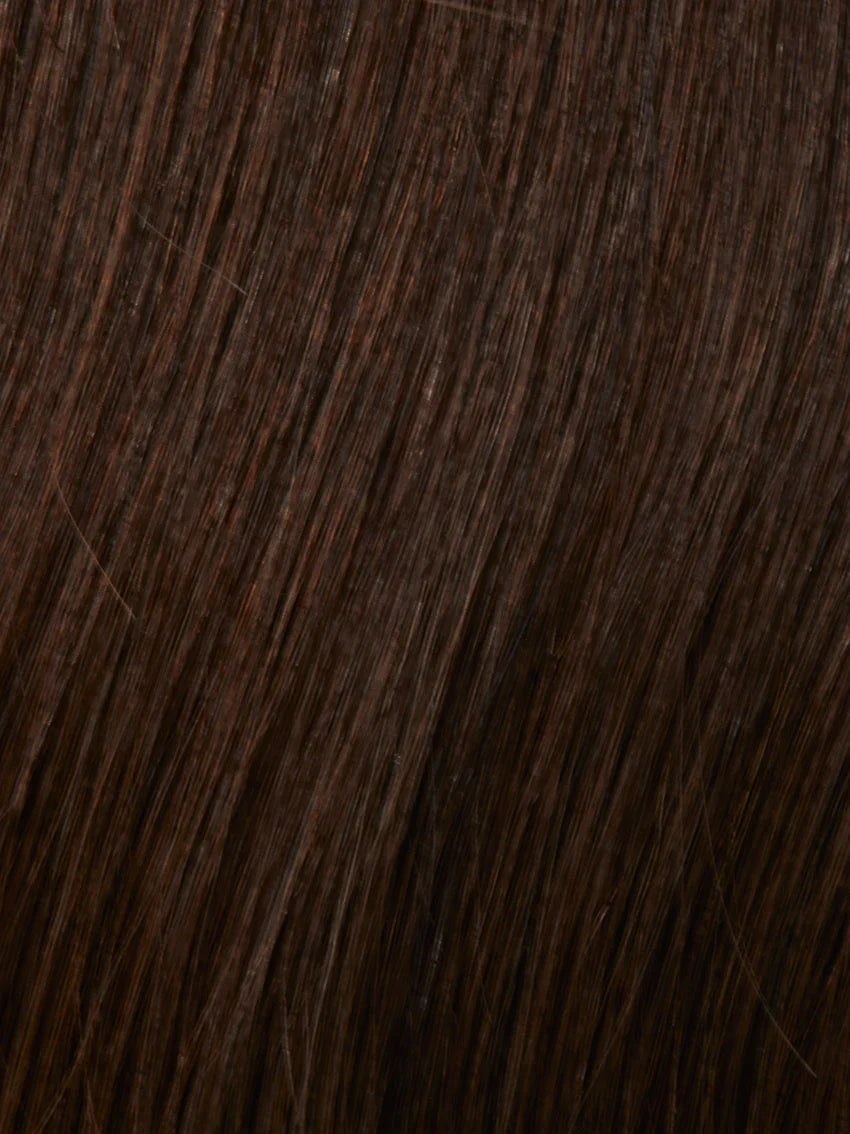 Gisela Mayer Prime Page Lace HH wig in L6 medium brown, three-quarter view showing the balanced mid-length style and realistic finish.