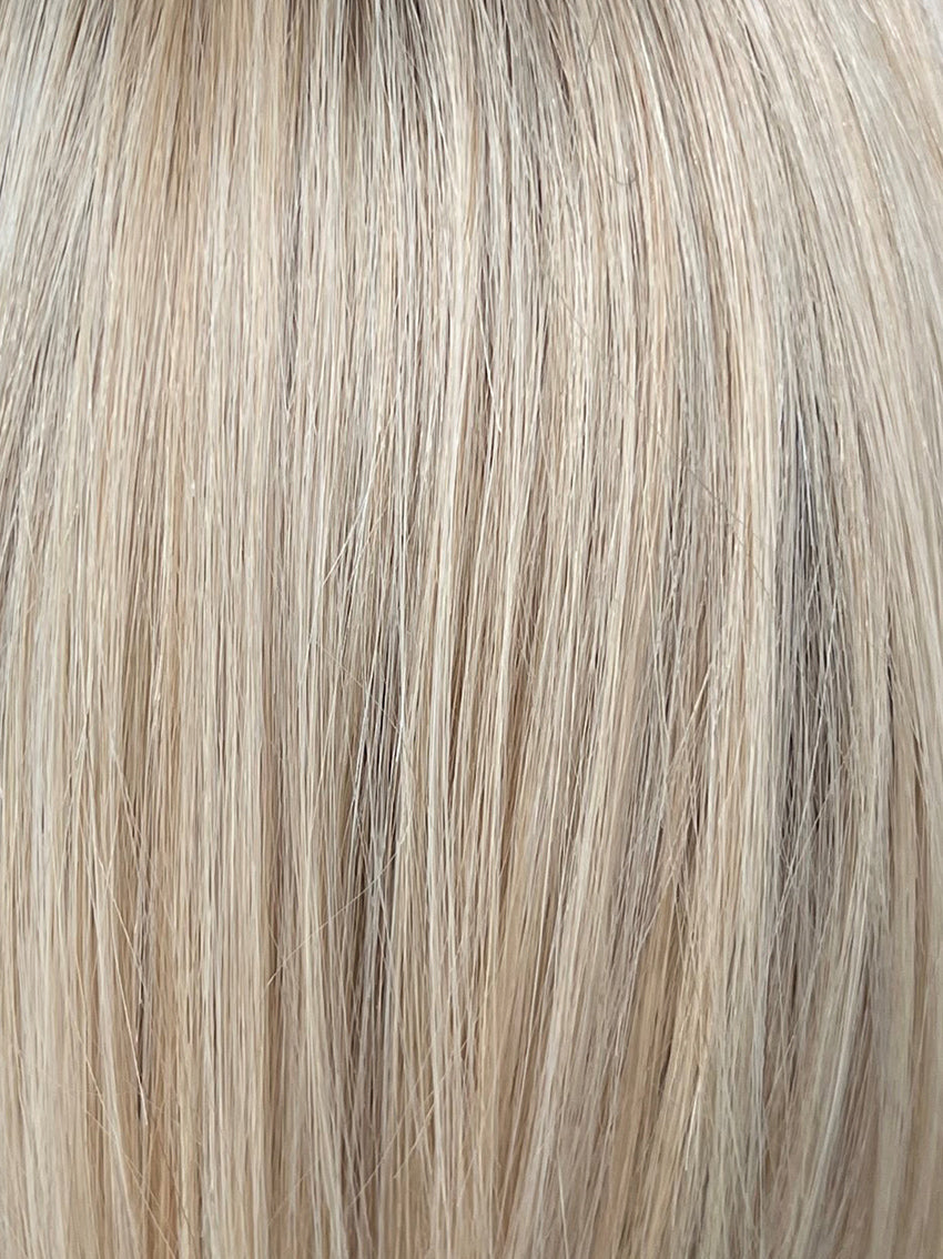 Gisela Mayer Euro Como in Light Blond Rooted, side view showing the light blonde tone on the mid-length Euro Human Hair wig.