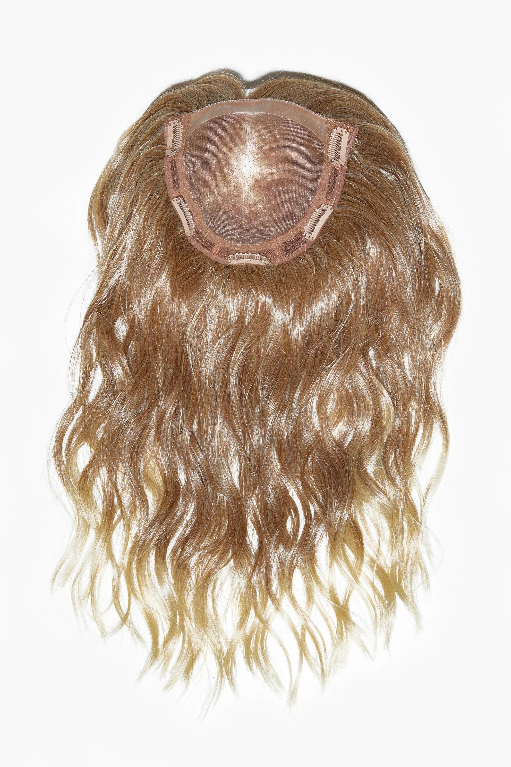 Gisela Mayer Top Curly Long worn on model - long curly monofilament hair topper integration