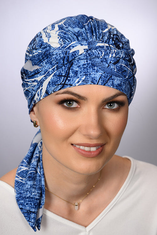 Amy Soft Bleu pre-formed turban by Lidia Création in plain blue - refined hypoallergenic head covering for alopecia