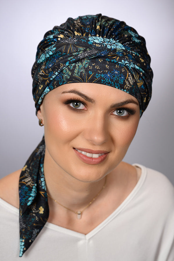 Amy Soft Bleu Floral pre-formed turban by Lidia Création with blue floral print - gentle head covering for hair loss