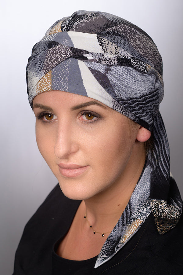 Amy Soft Gris Graphique pre-formed turban by Lidia Création in chic graphic grey print - soft head covering for alopecia