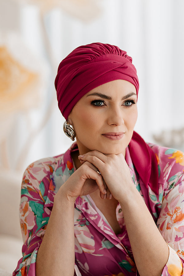 Amy Mousseline bonnet by Lidia Création worn as a head covering for alopecia - floral side detail