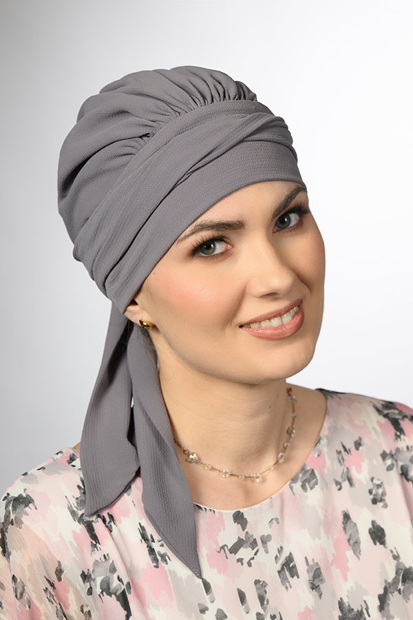Amy Mousseline by Lidia Création in soft grey - pre-formed chiffon hat for hair loss
