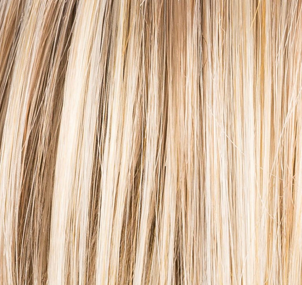 Fantasy Deluxe in Champagne Rooted by Ellen Wille, front view showing the soft champagne blonde on the long heat-resistant wig.