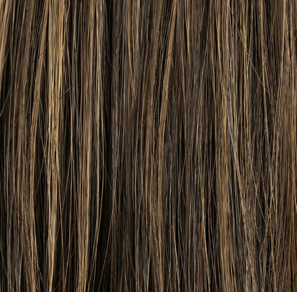 Ellen Wille Treasure Soft in Coffee Brown Lighted, side view showing the warm coffee brown tone on the mid-length Hair Society wig.