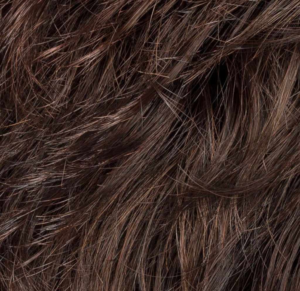 Ellen Wille Keira in Dark Chocolate Mix, three-quarter angle showing the deep dark brown on the short feathered synthetic wig.