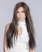 A woman modeling the extra-long Ellen Wille Look wig, showcasing its ultra-long flowing layers, heat-styled texture, and natural mini lace front hairline.