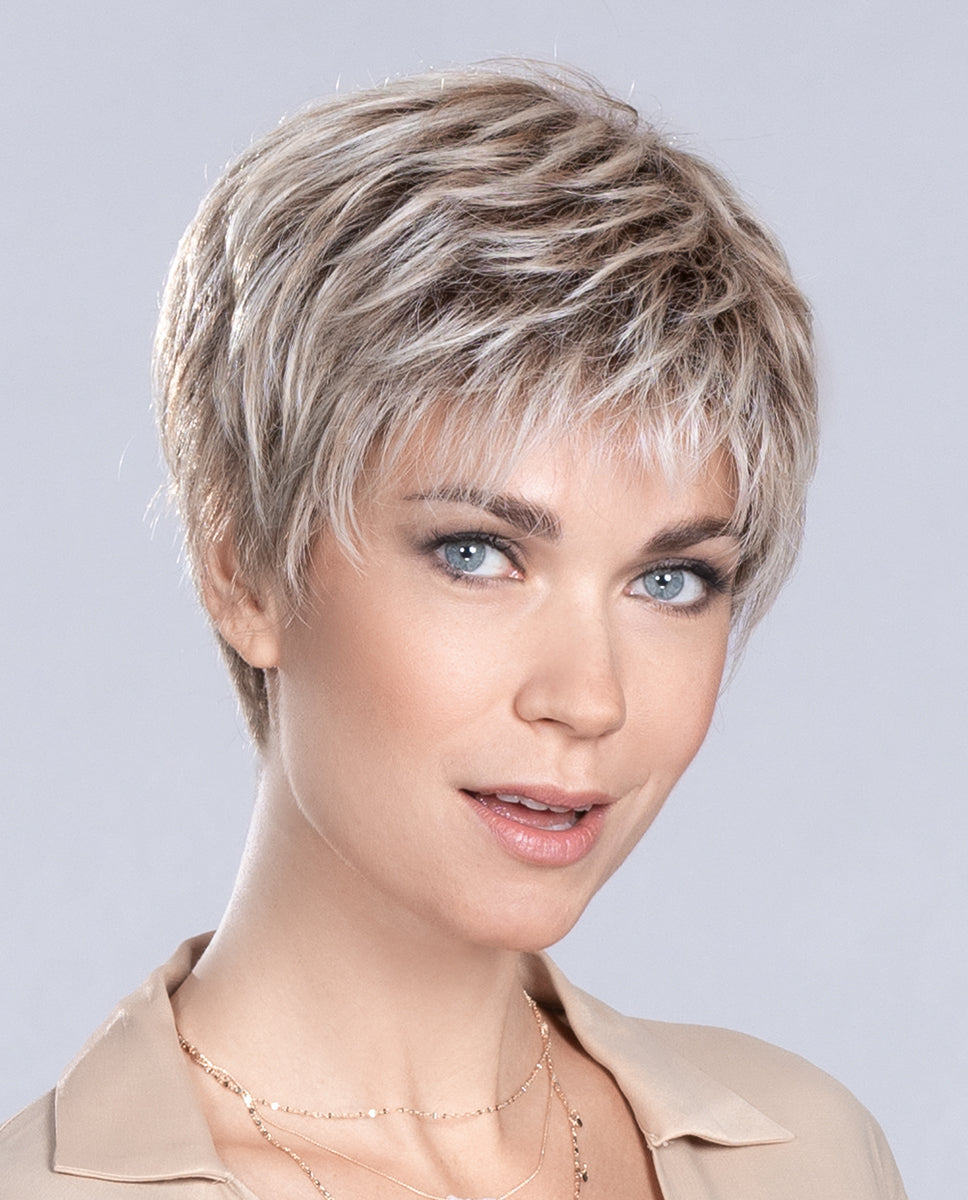 Front view of a woman wearing the short Ellen Wille Time Comfort wig, highlighting its elegant cropped layers, natural movement, and soft medical-grade cap fit.