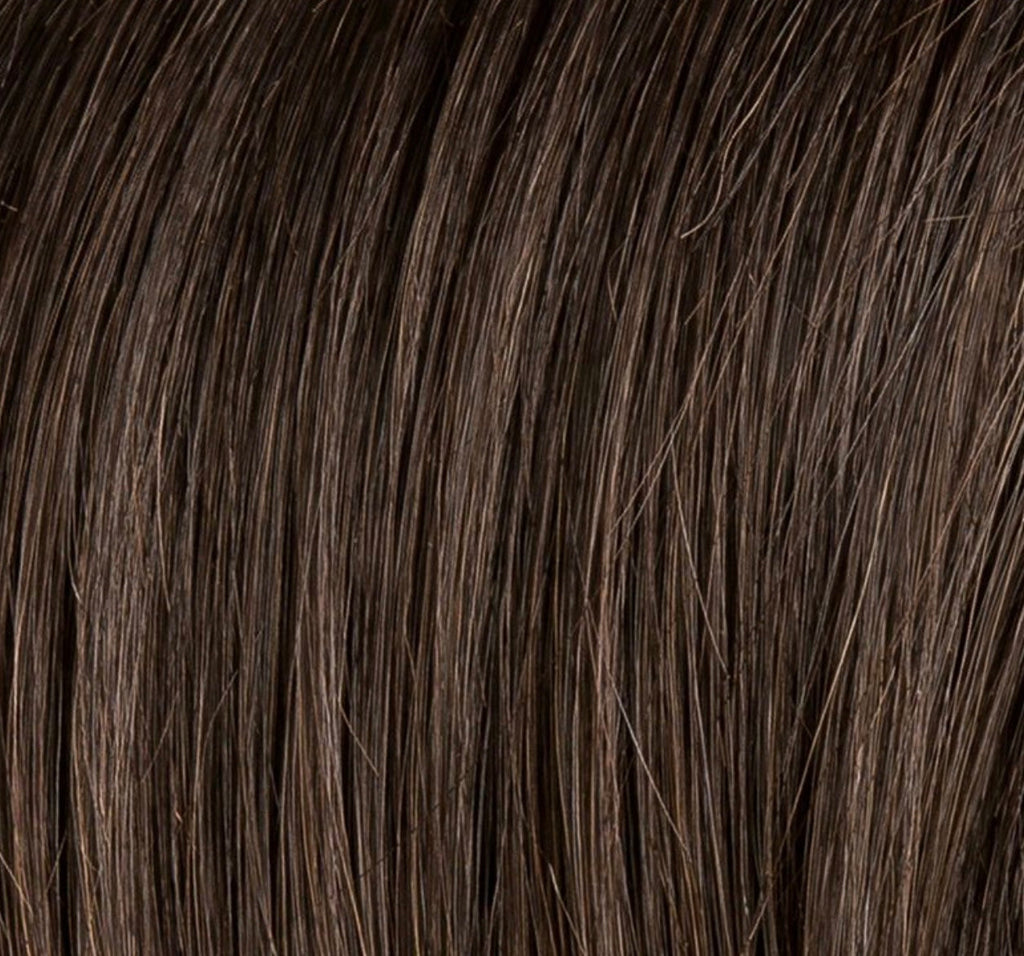 Fantasy Deluxe in Espresso Lighted by Ellen Wille, profile view showing the dark espresso with light tones on the long wig.