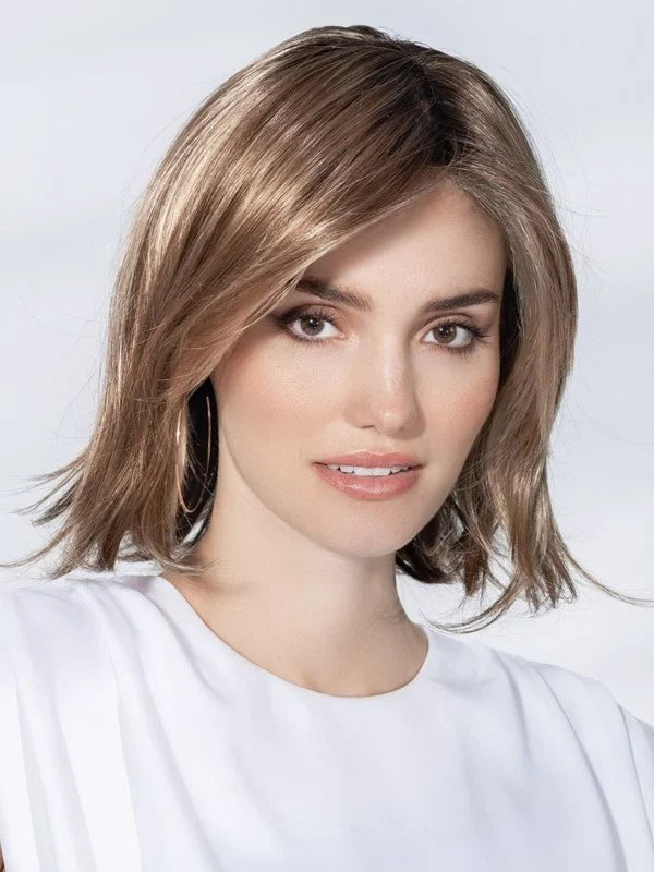 Ellen Wille Icone Deluxe in Dark Sand Rooted, side profile showing the natural sandy tone on the sleek mid-length layered wig.