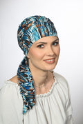 Miriam Bleu Océan draped turban-bonnet by Lidia Création in ocean blue - soft head covering for hair loss