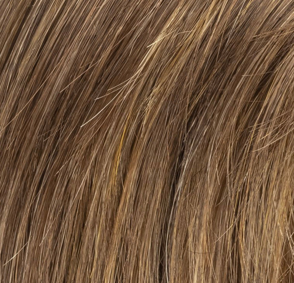 Lucky Mono Part in Mocca Mix by Ellen Wille, side view showing the warm mocha tones on the mid-length synthetic bob with fringe.