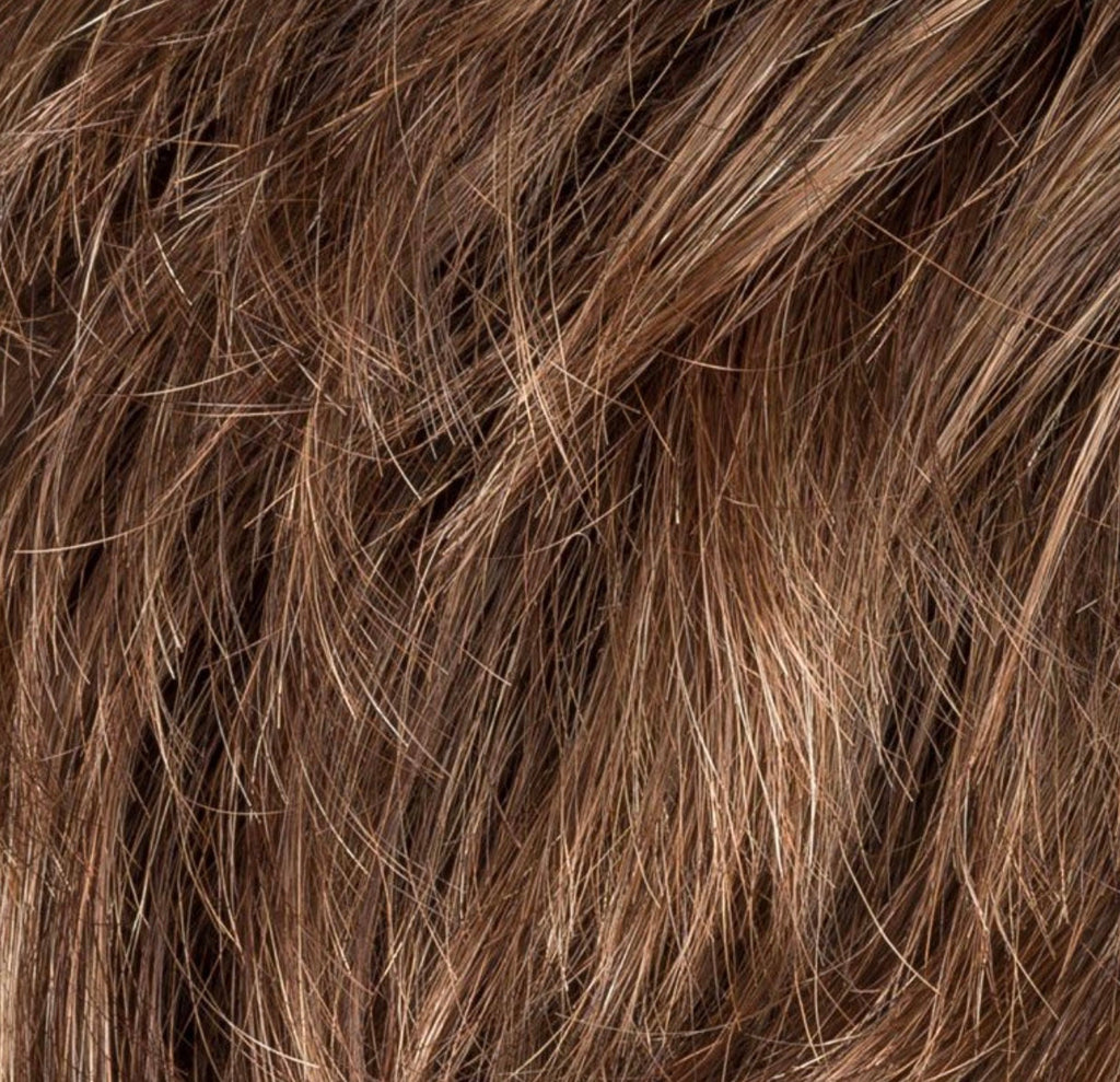 Keira in Mocca Rooted by Ellen Wille, profile view showing the warm mocha blend on the short natural-looking synthetic wig.