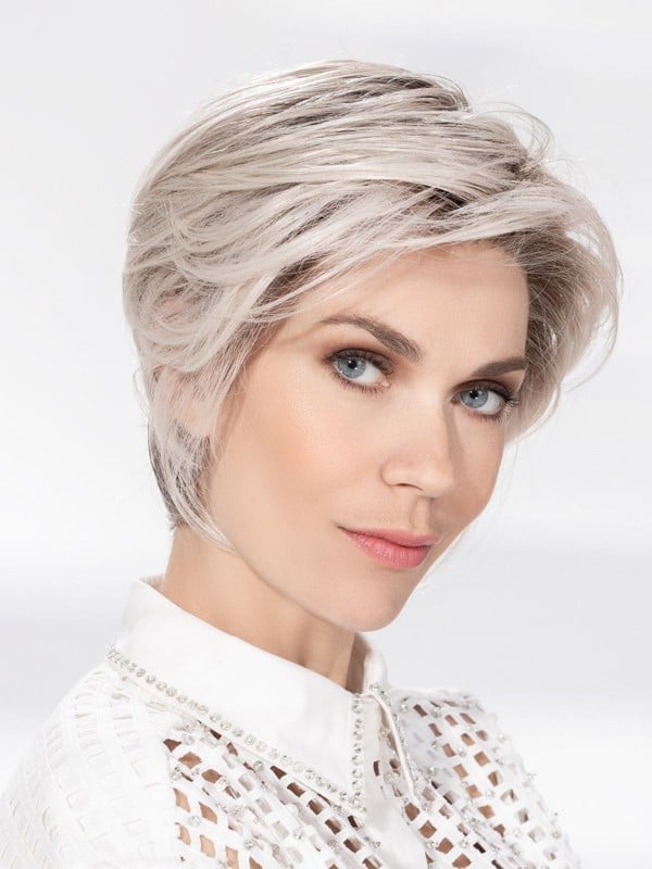 Glam Soft in Silver Blonde by Ellen Wille, front view showing the cool silver tone on the chic asymmetric synthetic wig.