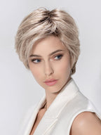 Satin Soft in Pearl Blonde by Ellen Wille, front view showing the soft pearl tone on the short feathered synthetic wig.