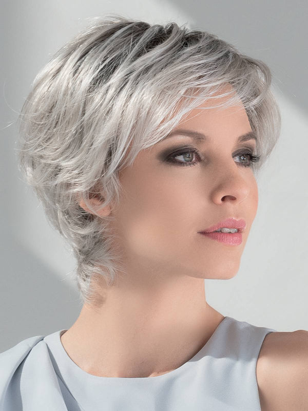 Satin Soft in Silver Blonde by Ellen Wille, front view showing the cool silver-blonde tone on the elegant short wig.