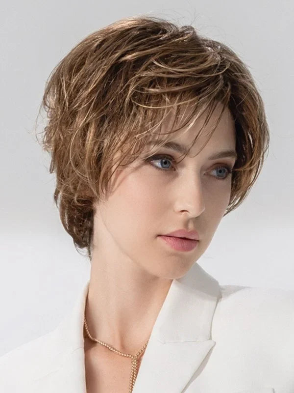 Ellen Wille Satin Soft in Tobacco, side profile highlighting the warm tobacco shade on the short feathered wig.