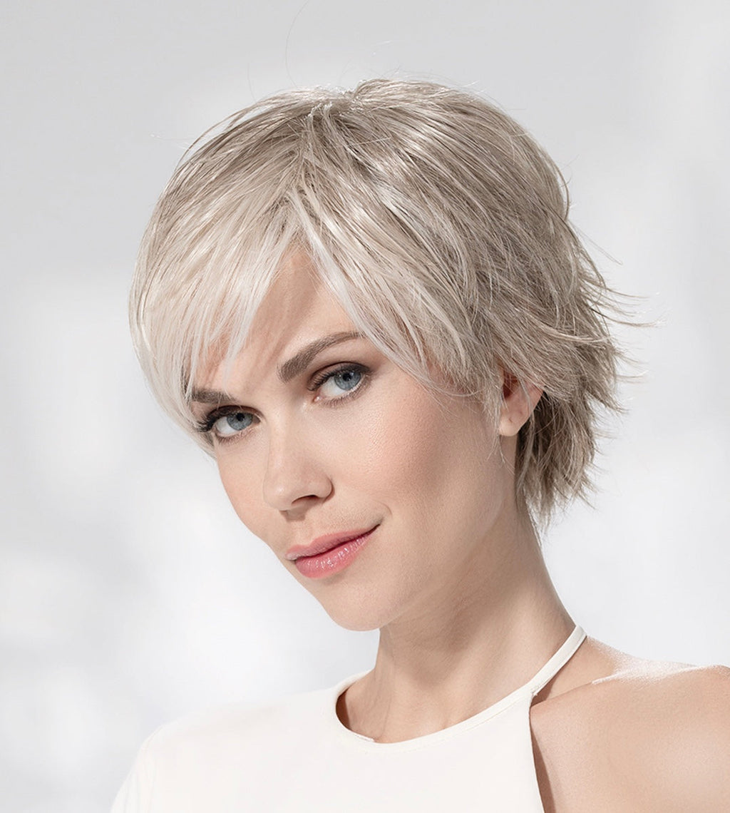 Ellen Wille Avenue Soft in Snow, front view showing the icy blonde tone on the short feathered synthetic wig.
