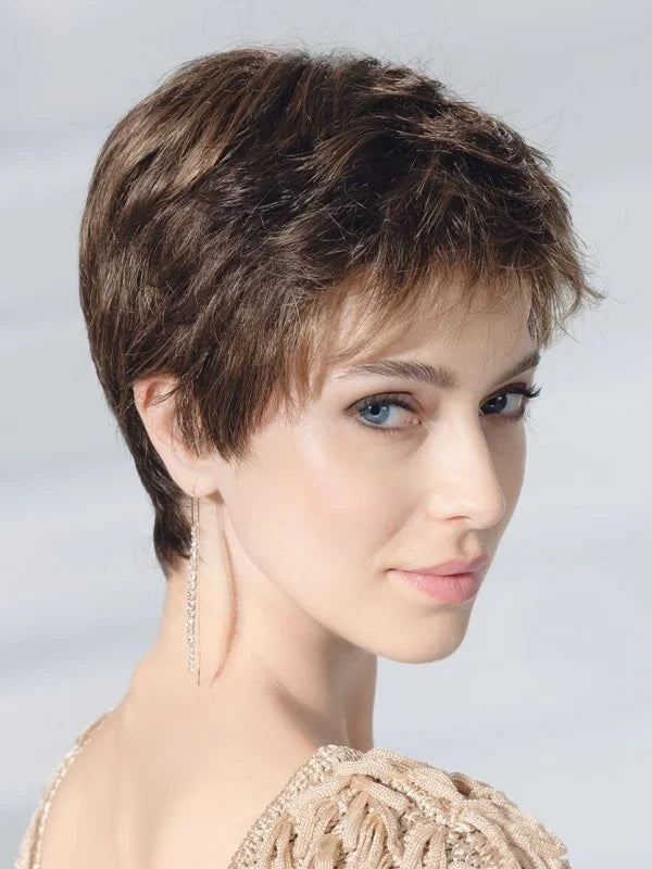 Spa Soft in Chocolate by Ellen Wille, side profile showing the warm brown tone on the short natural synthetic wig.