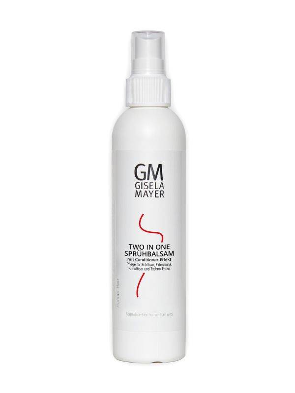 Spray soin 2-en-1 de Gisela Mayer pour perruques, prothèses capillaires et extensions, enrichi en provitamine B5 et extrait de gingembre pour nourrir, démêler et apporter brillance. Formule sans rinçage.